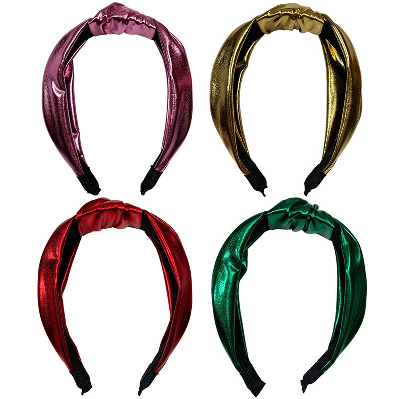 BETITETO Glitter Knotted Headbands 4 Pack Vintage Shiny Metallic Wide Hair Bands Hoops for Women Girls (Gold + Green + Pink + Red) - Image 4